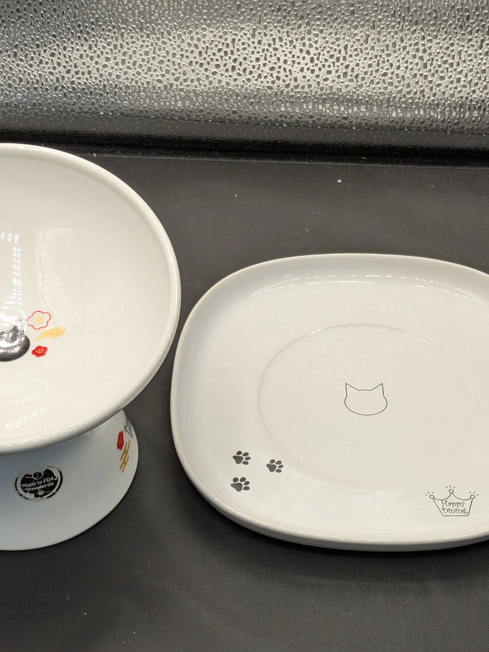 Ceramic Pet Bowl and Tray Set - White with Paw Print Design